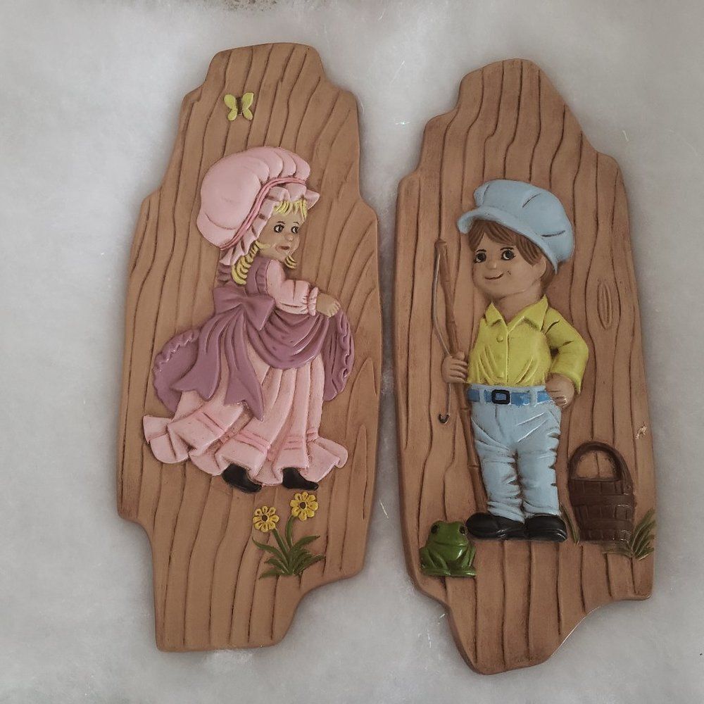 Vintage 1976 Atnel's Ceramic Plaque Set of 2 Raised Girl & Boy Wall Hang Decor